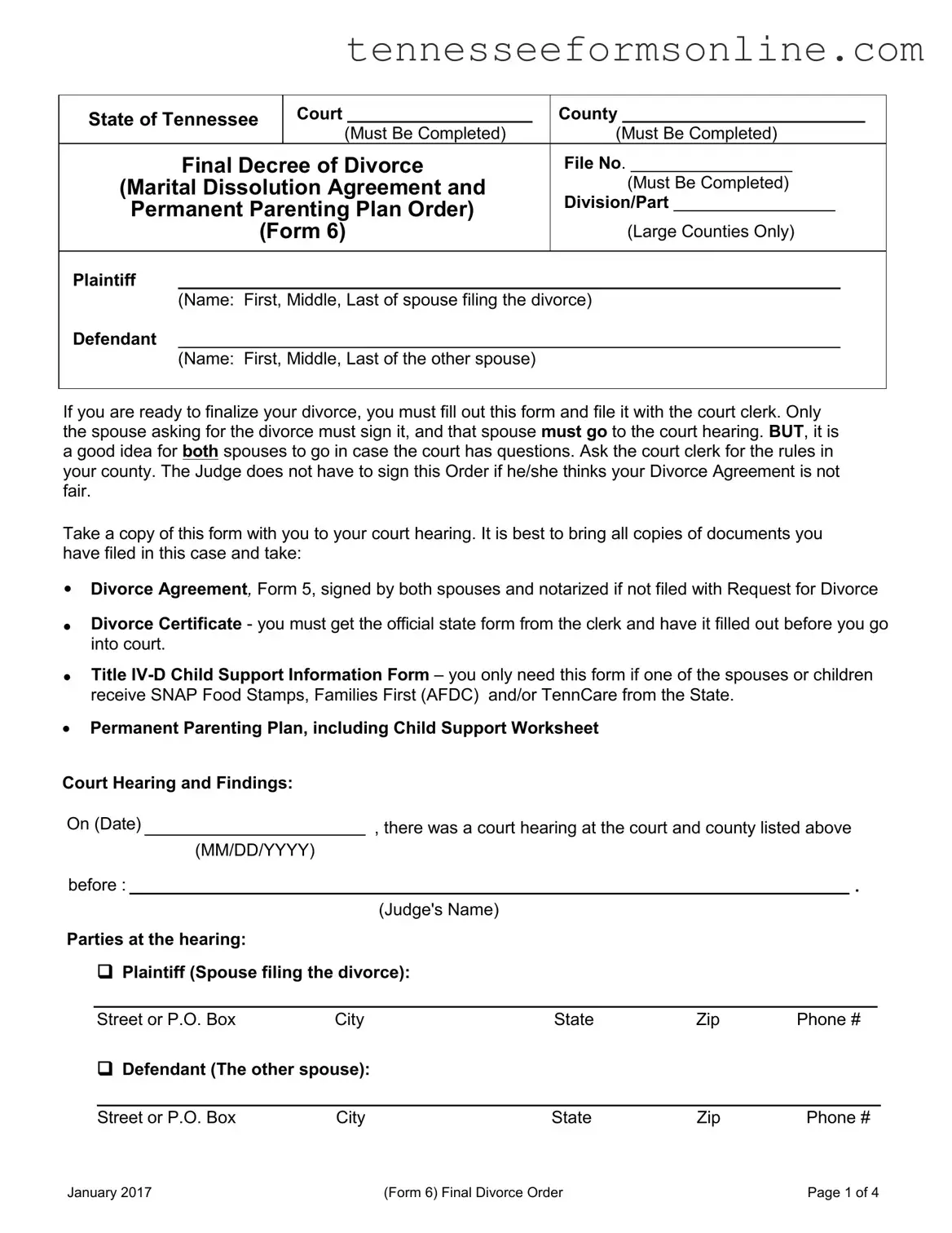 Blank Final Divorce Order Tennessee PDF Form