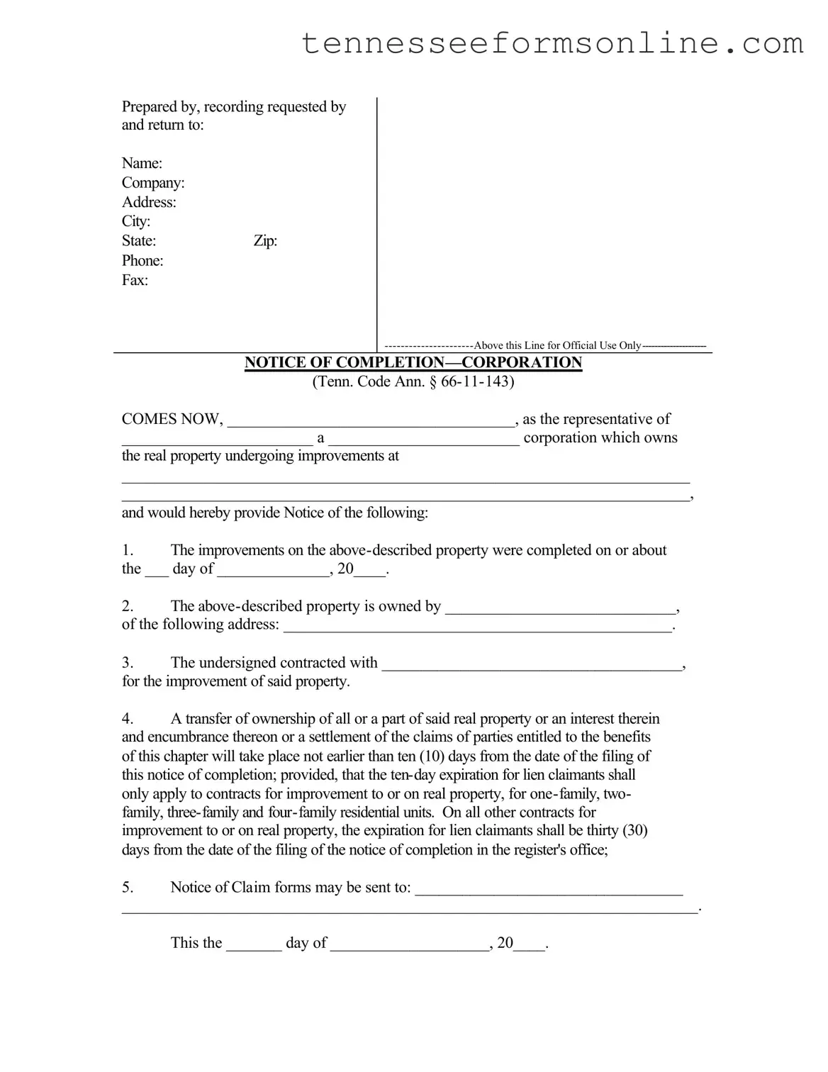 Blank Notice Completion Tennessee PDF Form