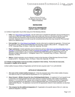 Blank Tennessee Articles Organization PDF Form