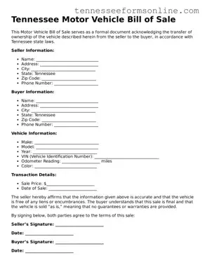  Motor Vehicle Bill of Sale Template for Tennessee