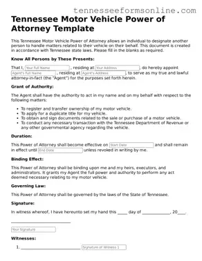 Motor Vehicle Power of Attorney Template for Tennessee