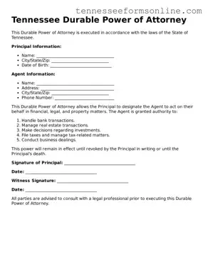  Durable Power of Attorney Template for Tennessee