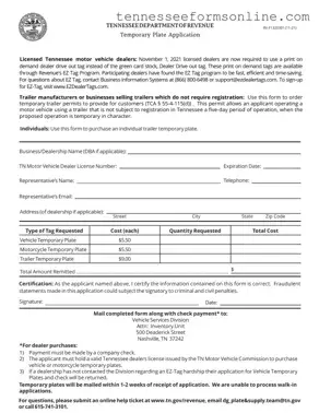 Blank Tennessee Temporary Plate PDF Form