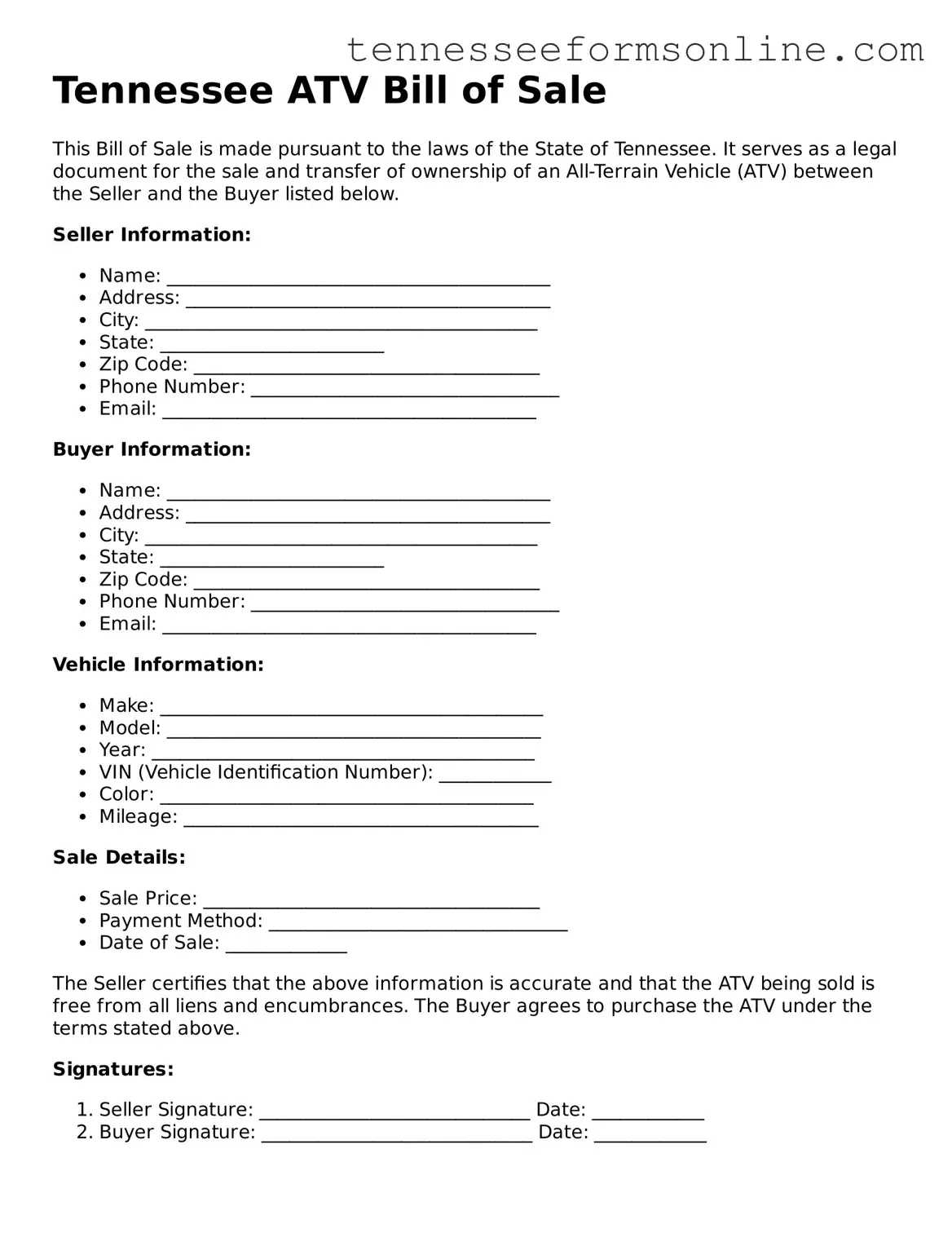  ATV Bill of Sale Template for Tennessee