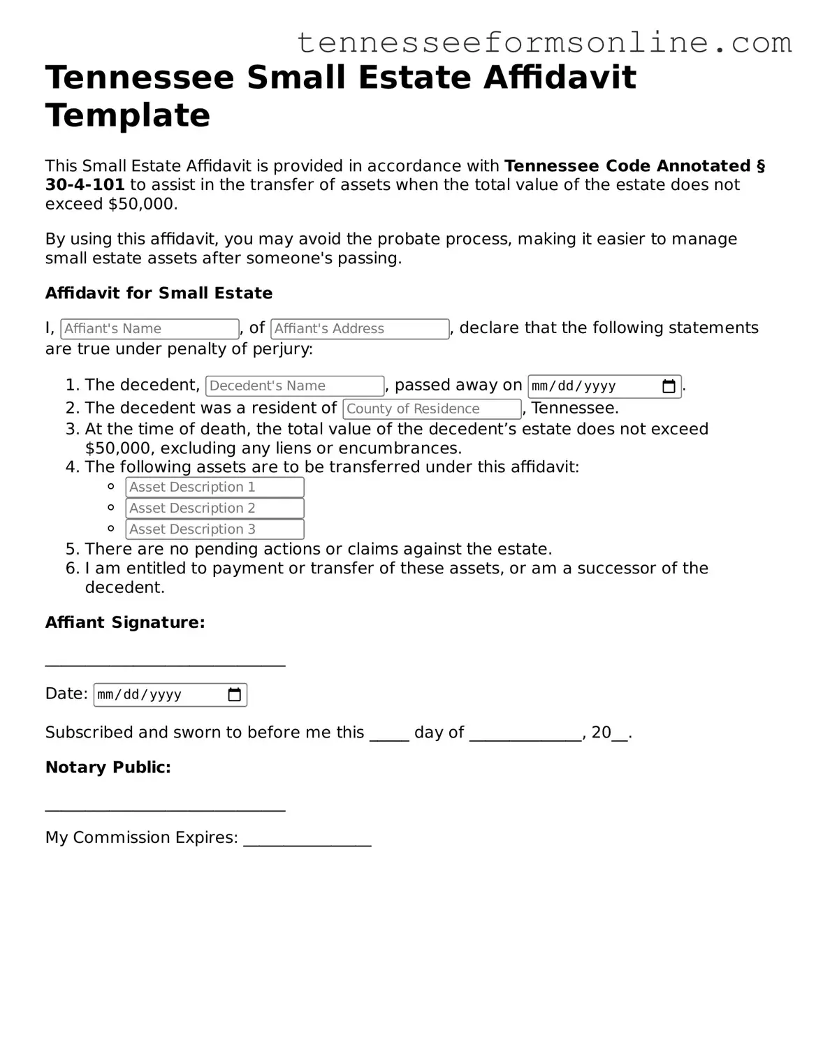  Small Estate Affidavit Template for Tennessee