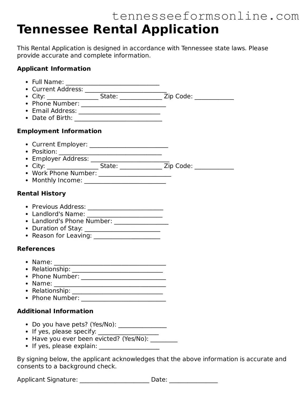  Rental Application Template for Tennessee
