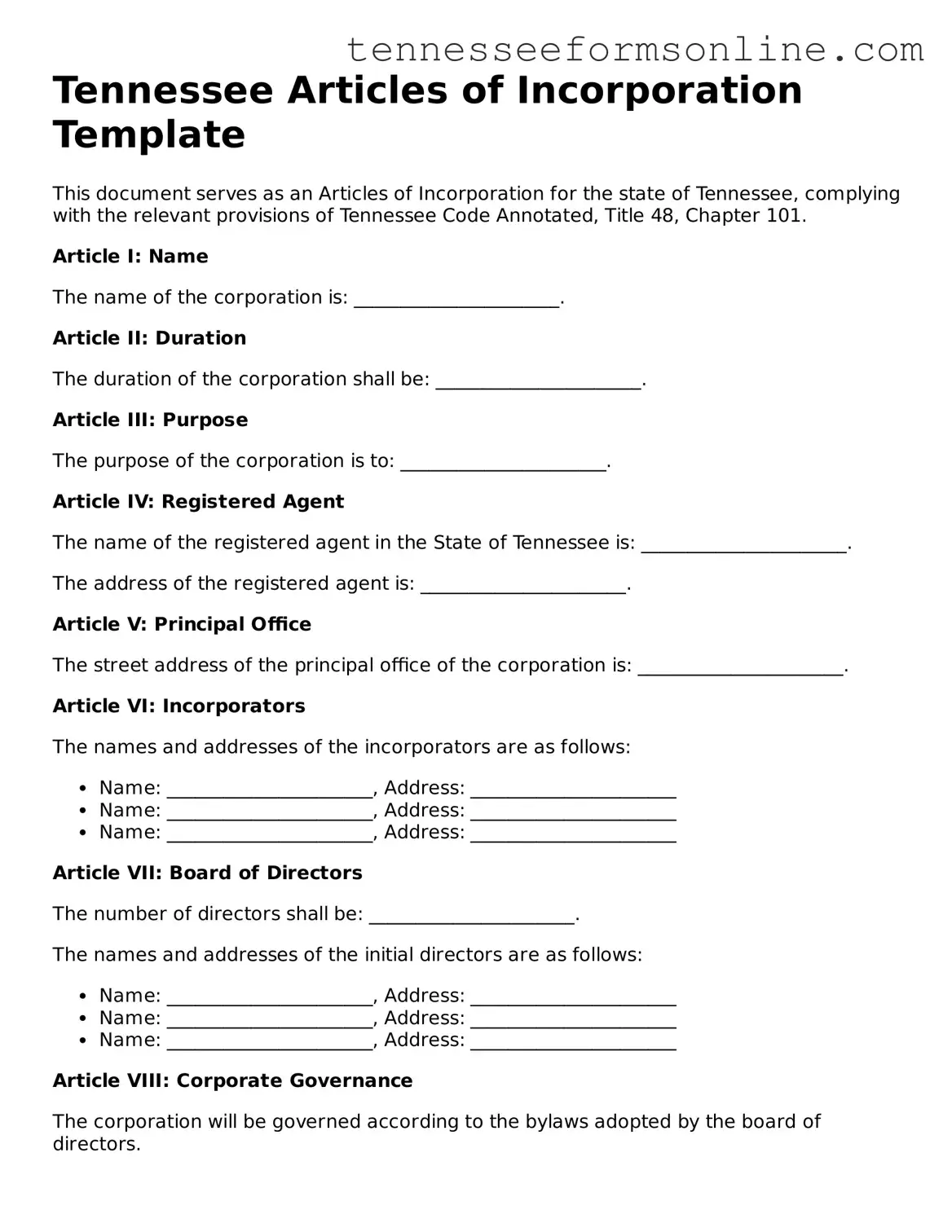  Articles of Incorporation Template for Tennessee