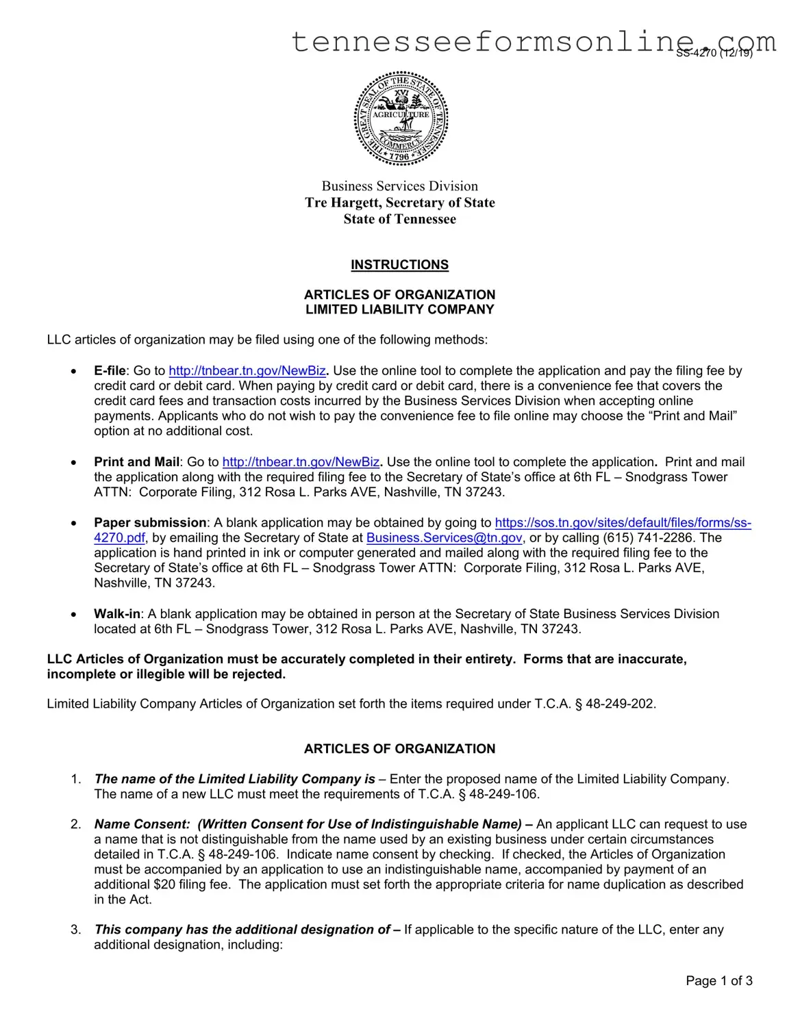 Blank Tennessee Articles Organization PDF Form