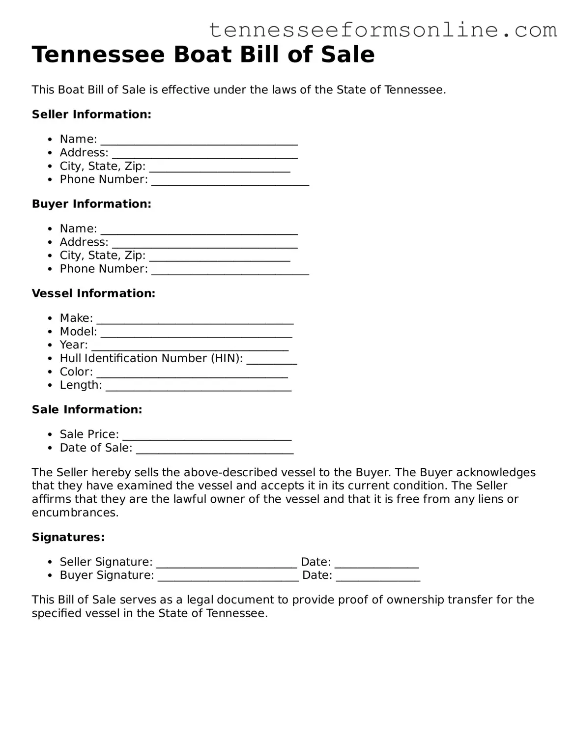  Boat Bill of Sale Template for Tennessee