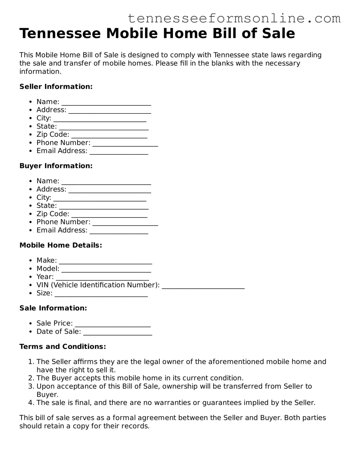  Mobile Home Bill of Sale Template for Tennessee