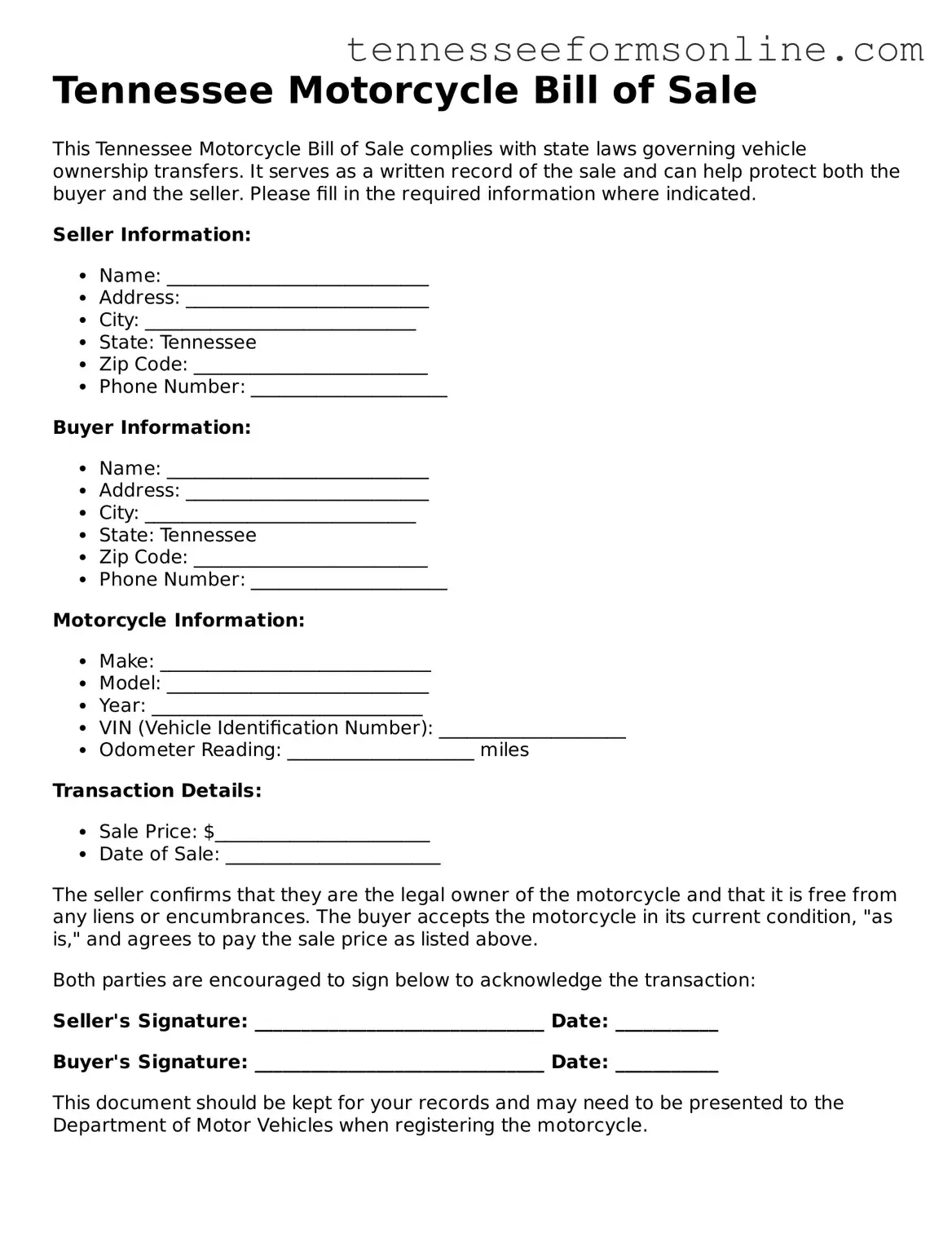  Motorcycle Bill of Sale Template for Tennessee