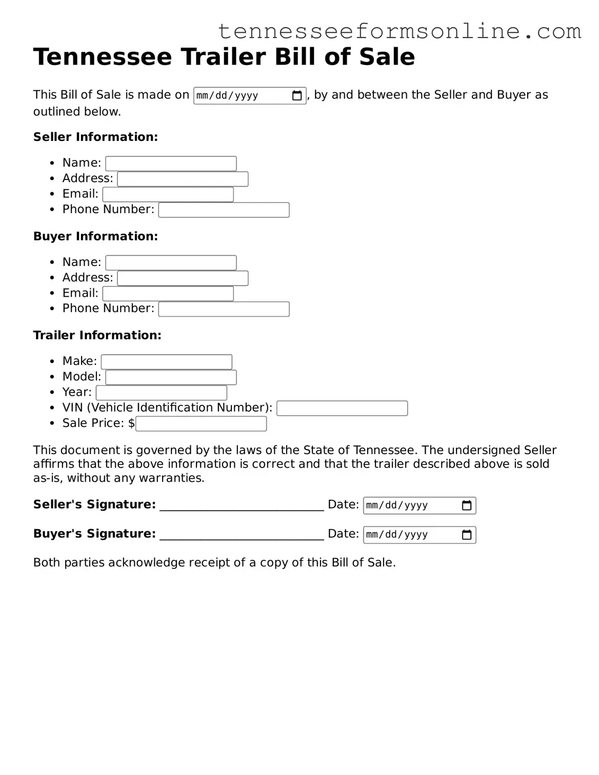  Trailer Bill of Sale Template for Tennessee