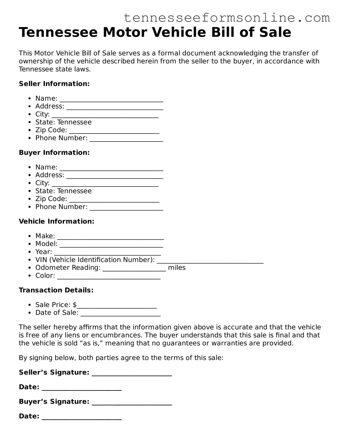  Motor Vehicle Bill of Sale Template for Tennessee