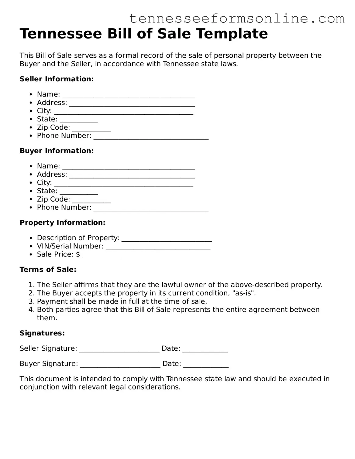  Bill of Sale Template for Tennessee