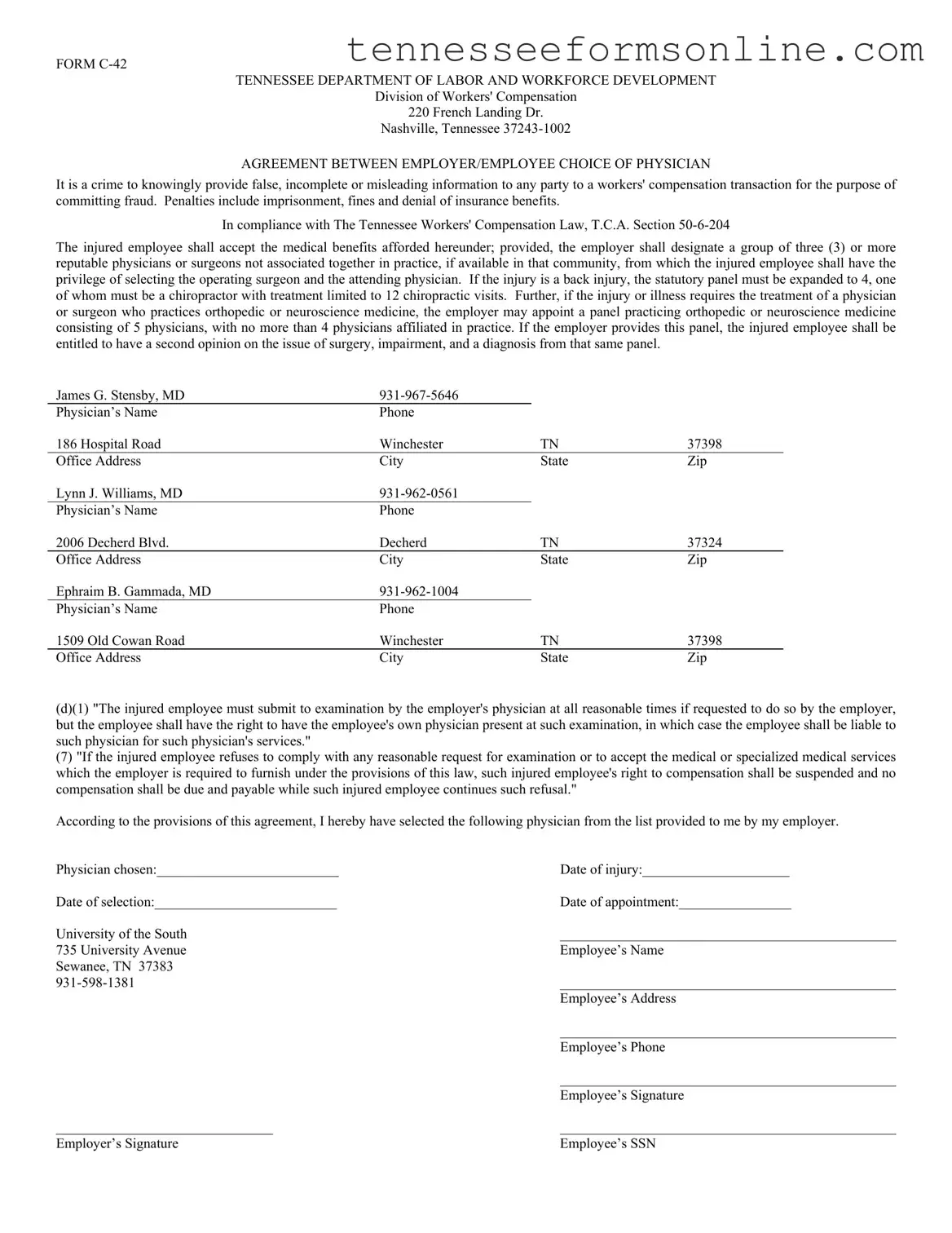 Blank Tennessee C 42 PDF Form