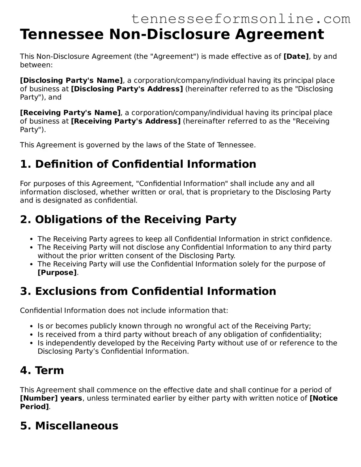  Non-disclosure Agreement Template for Tennessee