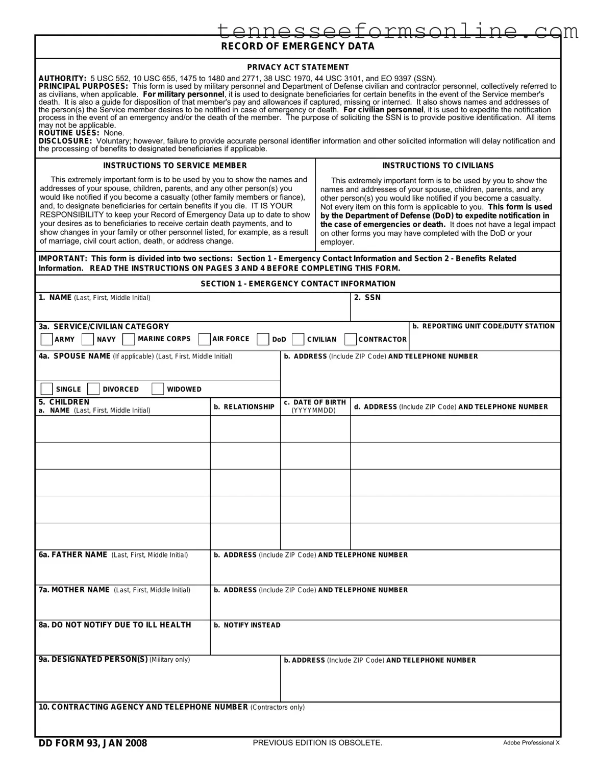 Blank Tennessee DHS Family Assistance Application PDF Form