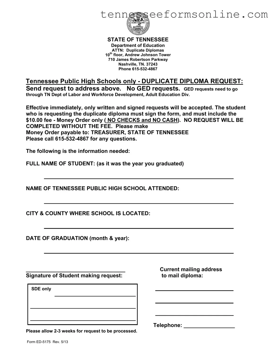 Blank Tennessee Diploma PDF Form