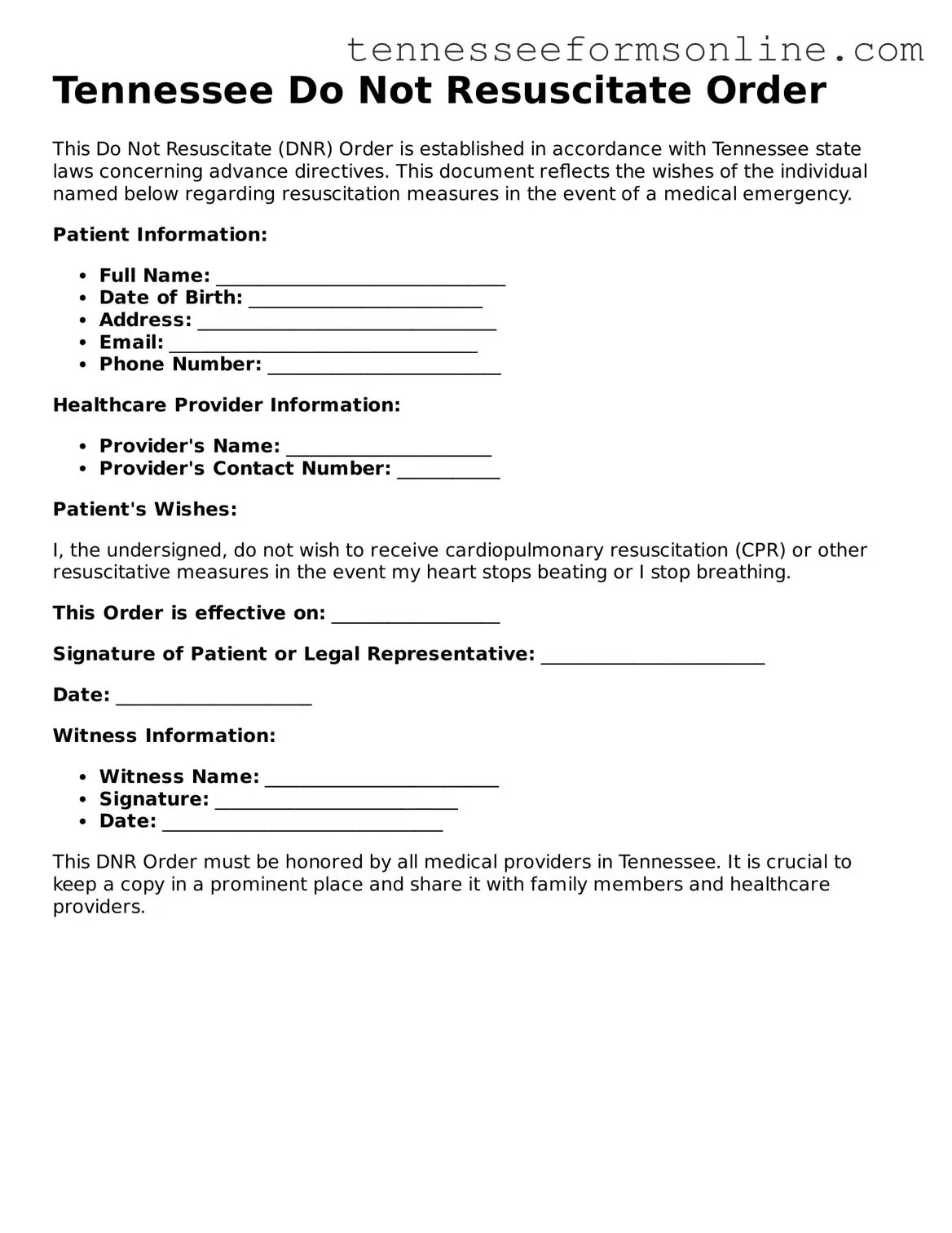  Do Not Resuscitate Order Template for Tennessee