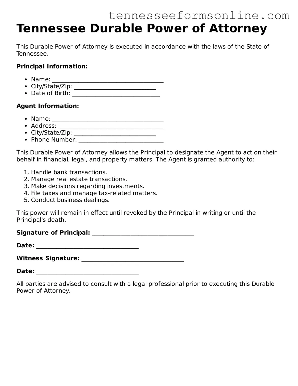  Durable Power of Attorney Template for Tennessee