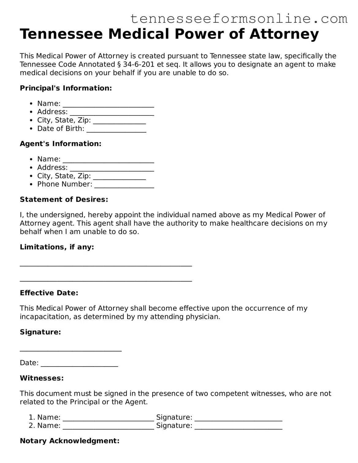  Medical Power of Attorney Template for Tennessee