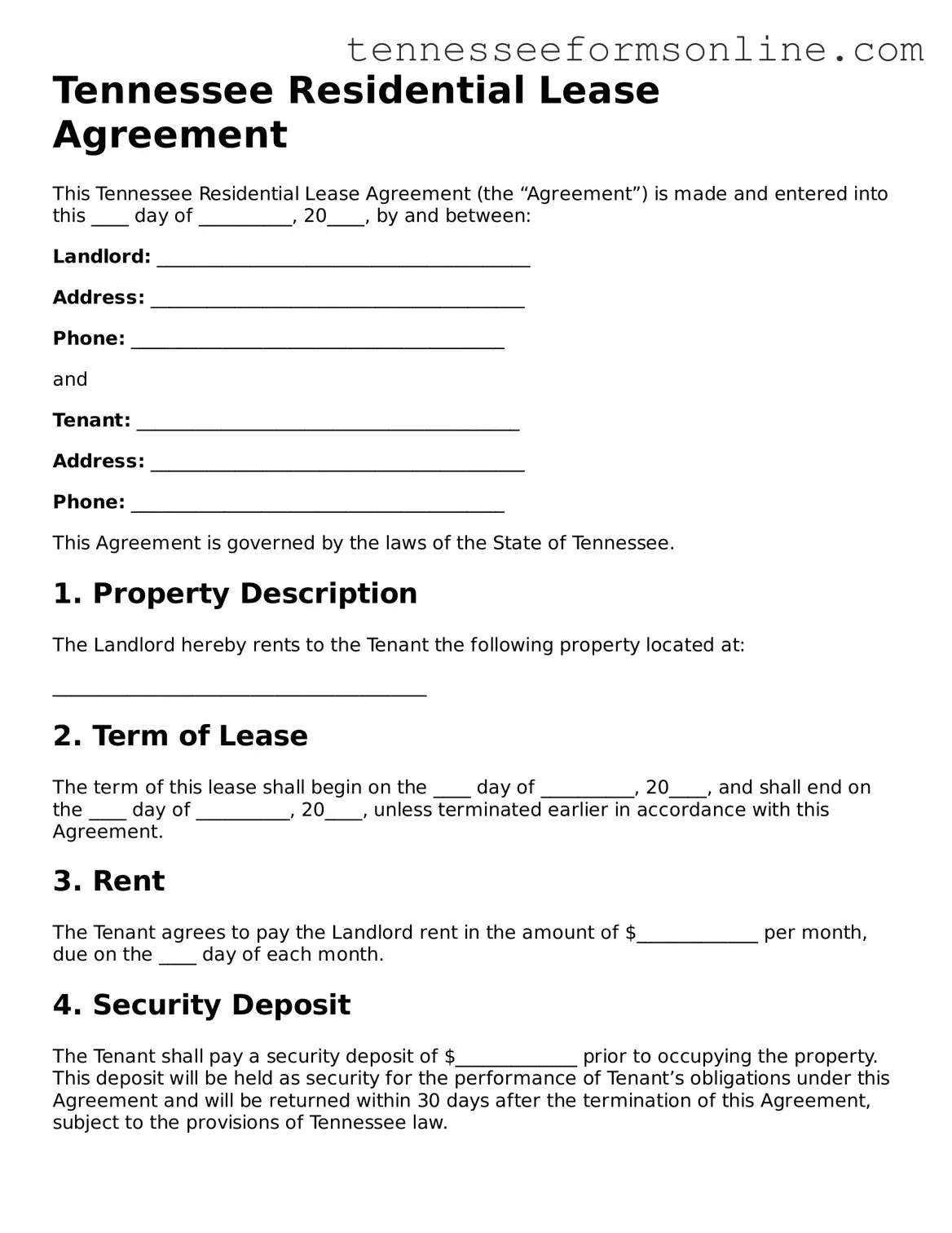  Residential Lease Agreement Template for Tennessee