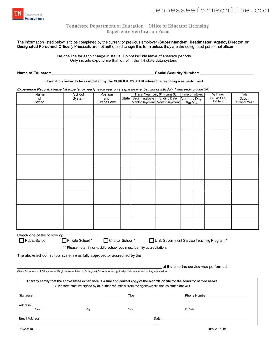 Blank Tennessee Ed2034A PDF Form