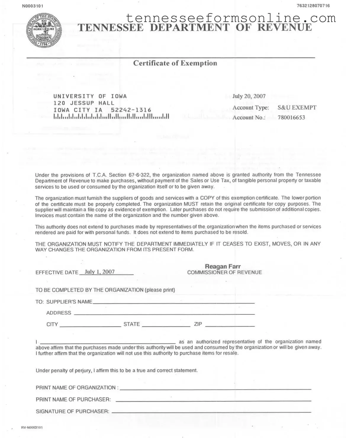 Blank Tennessee Exemption Certificate PDF Form