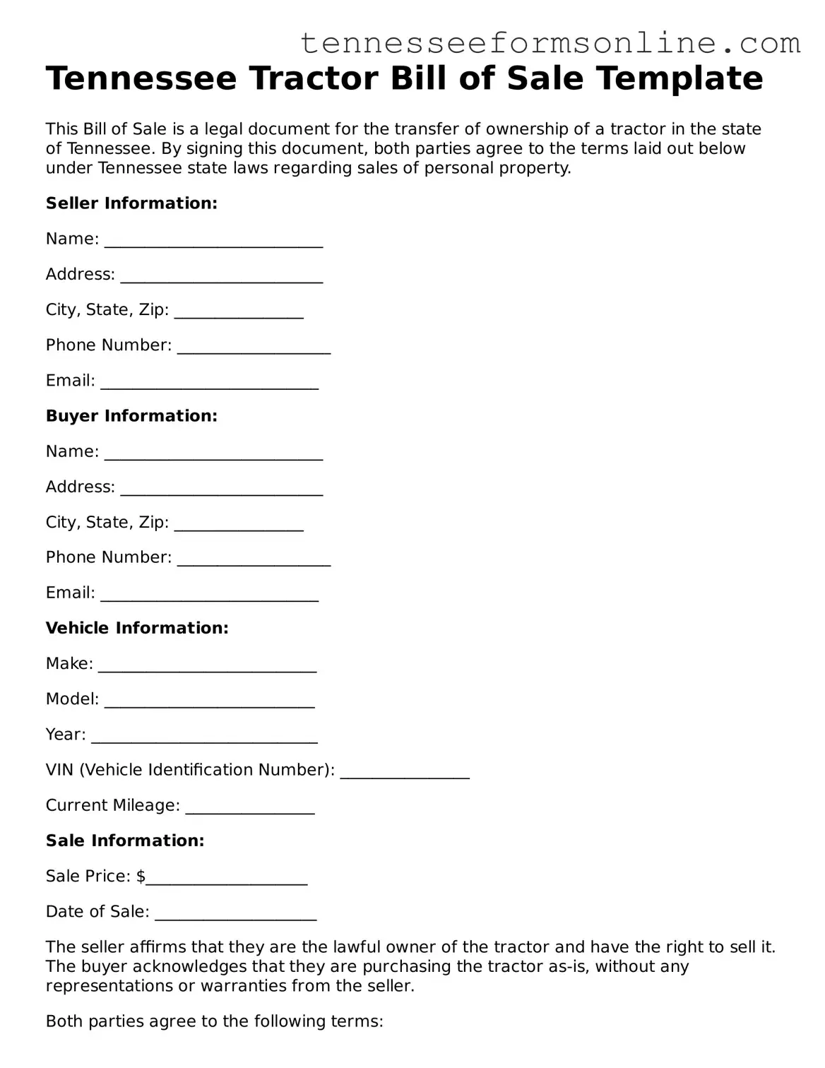  Tractor Bill of Sale Template for Tennessee