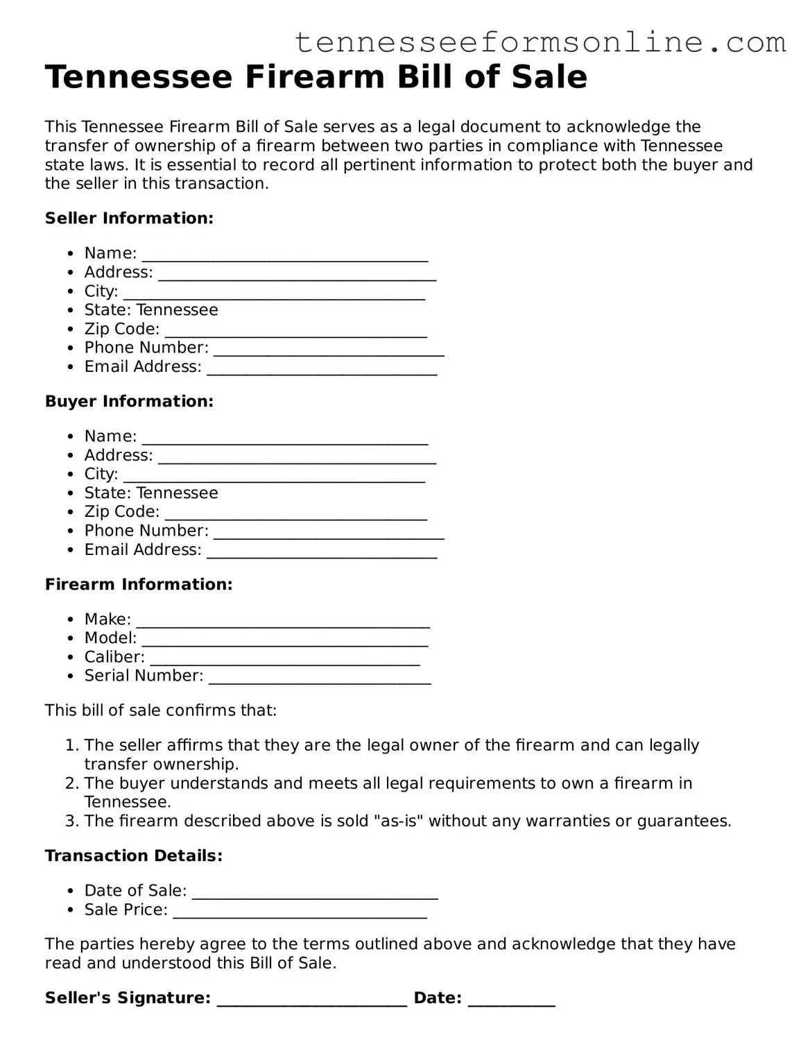  Firearm Bill of Sale Template for Tennessee