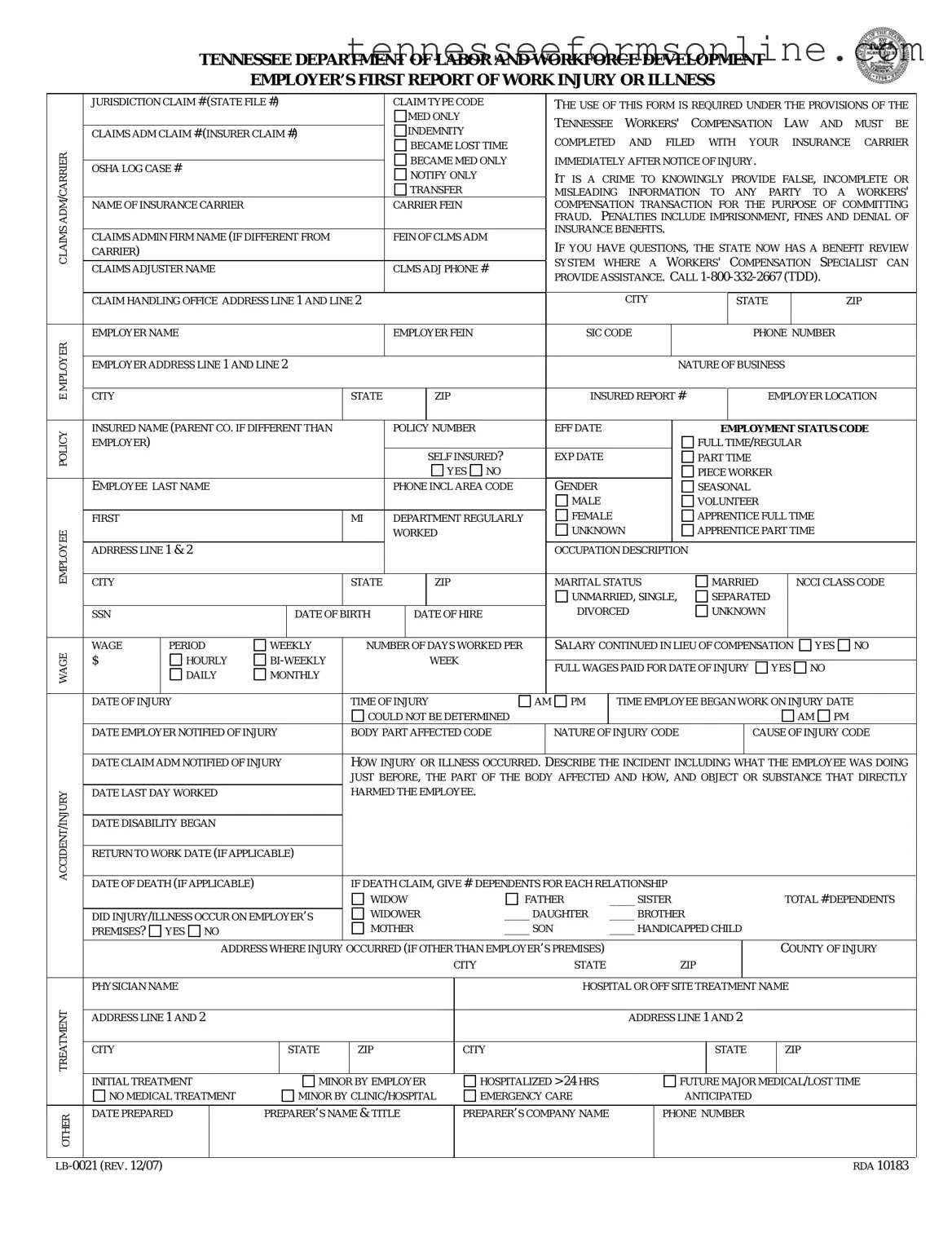 Blank Tennessee First Report PDF Form