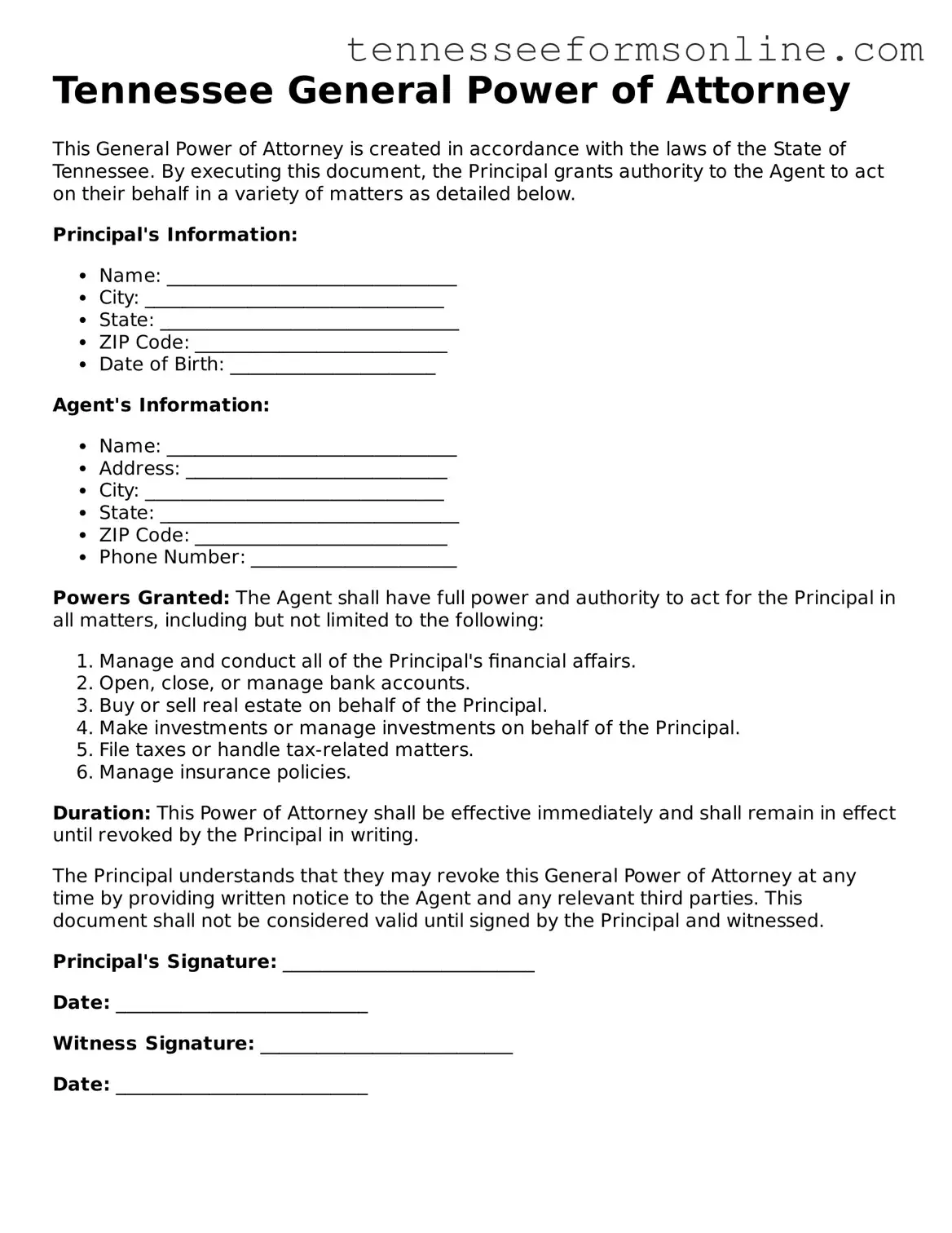  General Power of Attorney Template for Tennessee