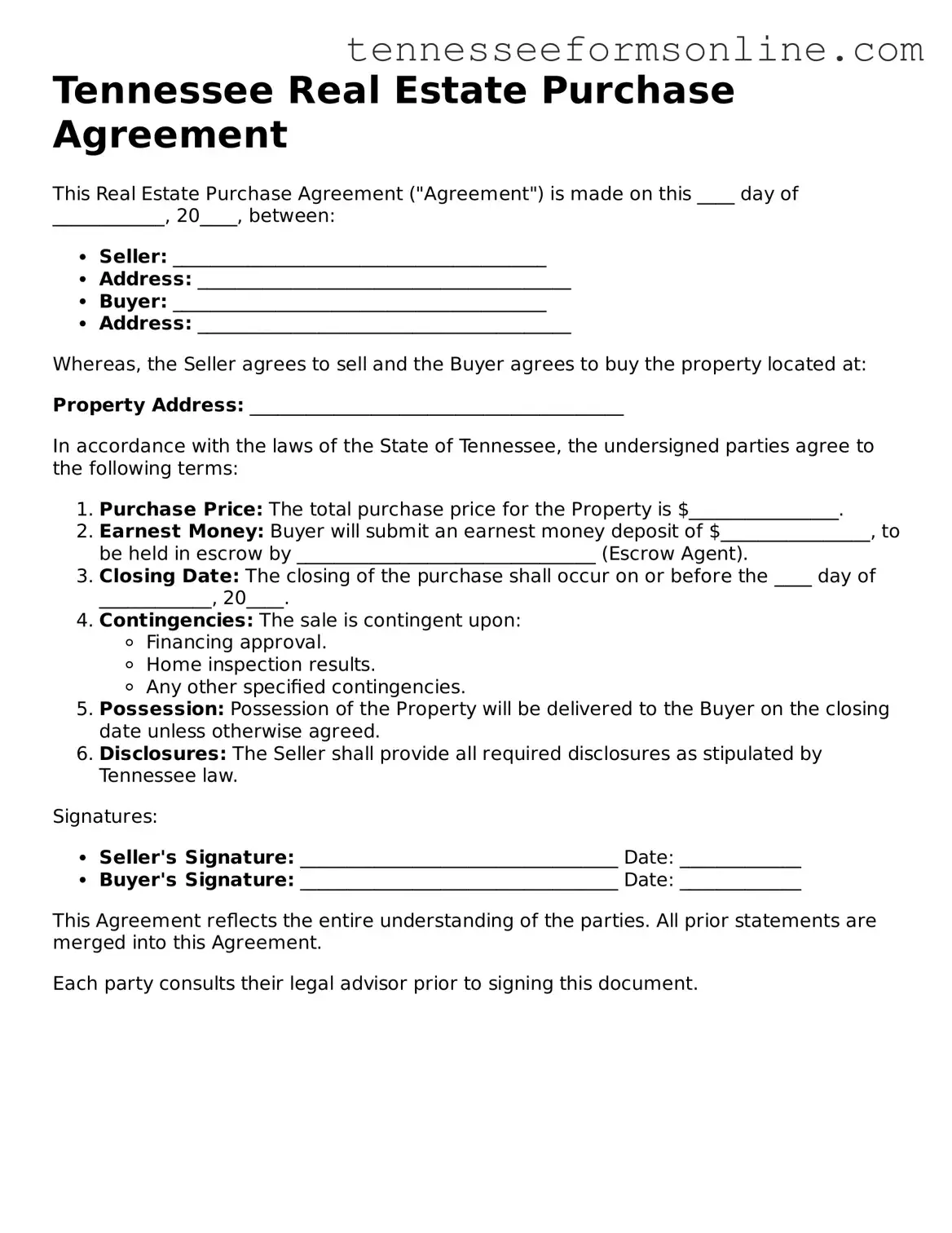  Real Estate Purchase Agreement Template for Tennessee