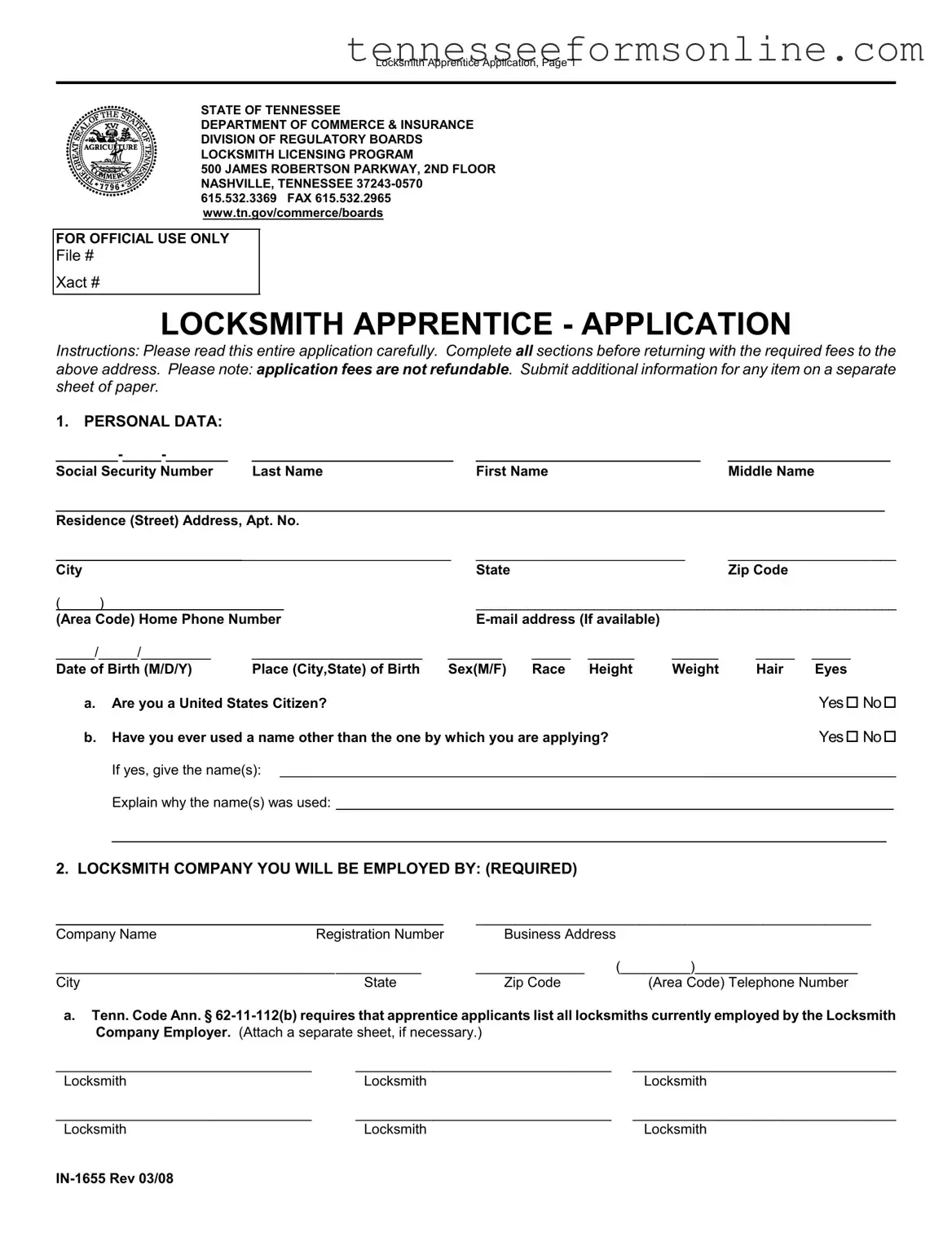 Blank Tennessee In 1655 PDF Form