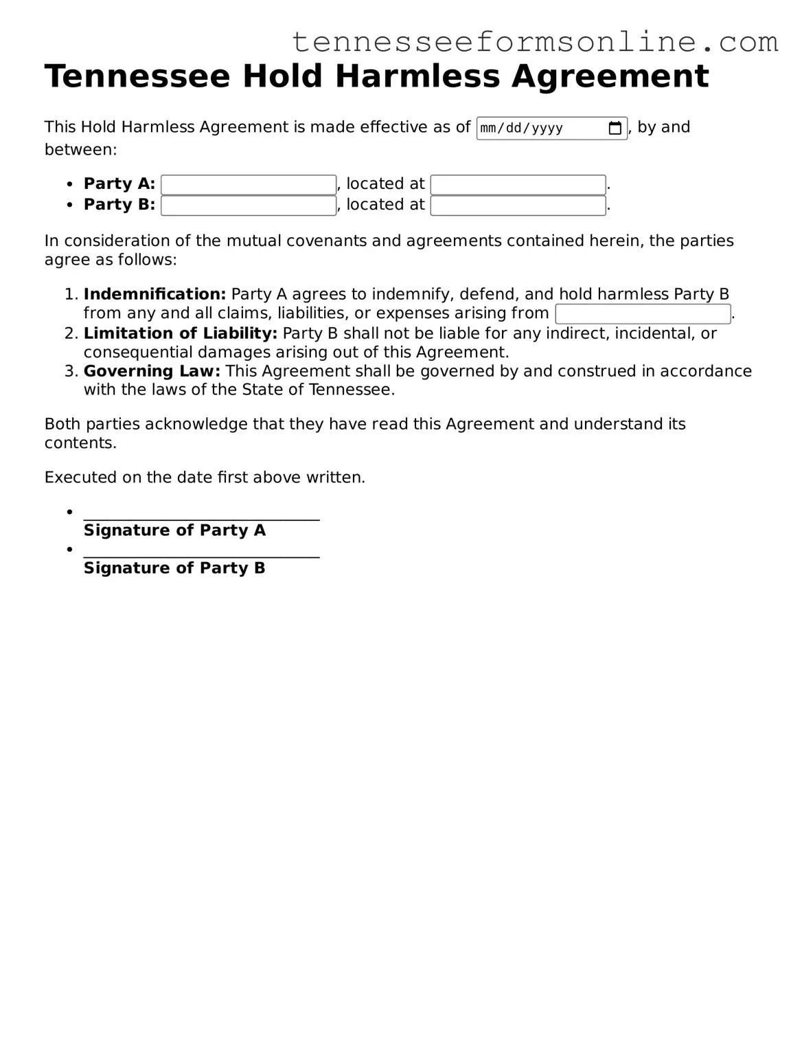  Hold Harmless Agreement Template for Tennessee