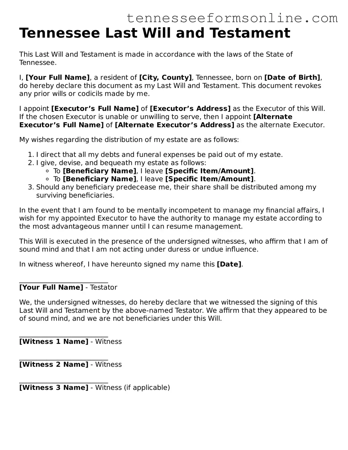  Last Will and Testament Template for Tennessee
