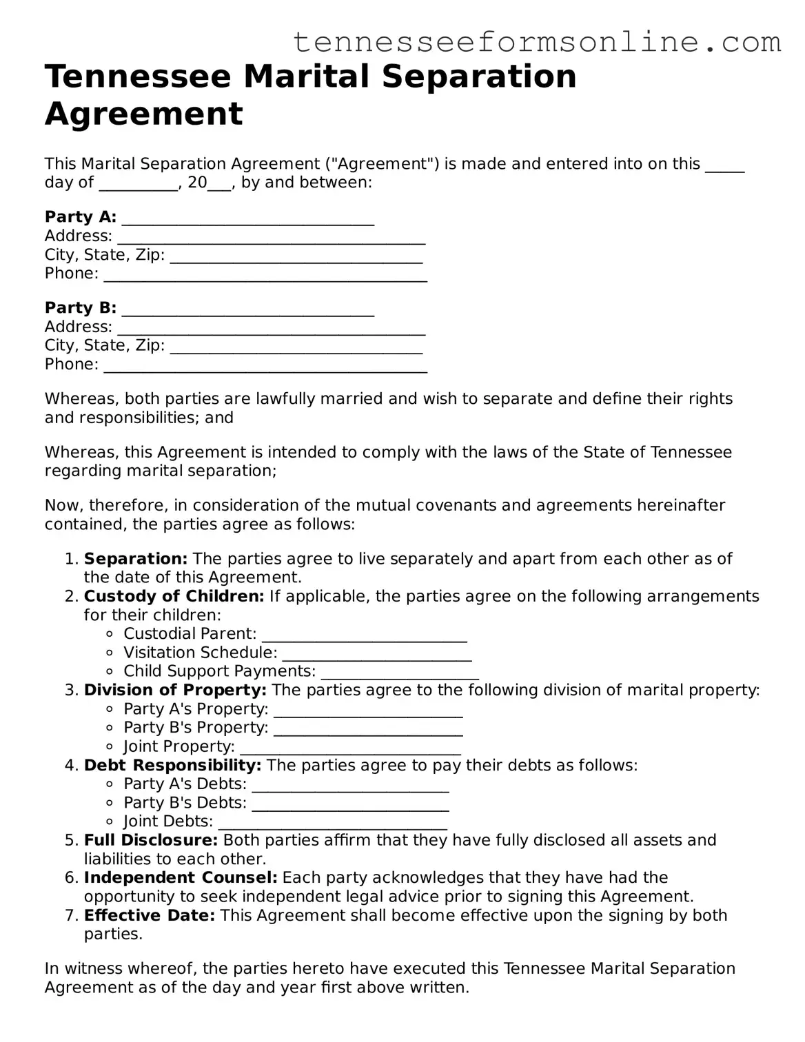  Marital Separation Agreement Template for Tennessee