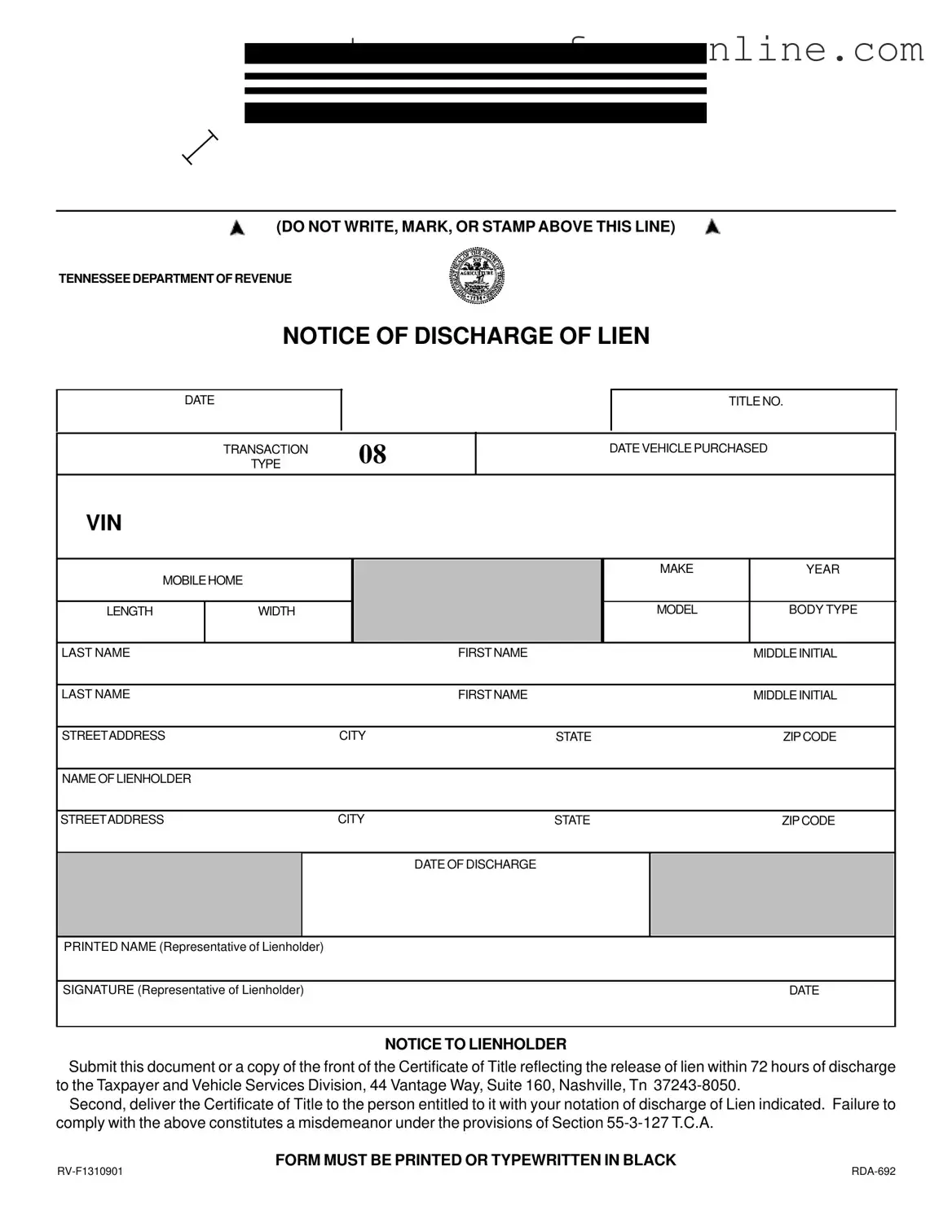 Blank Tennessee Lien Discharge PDF Form