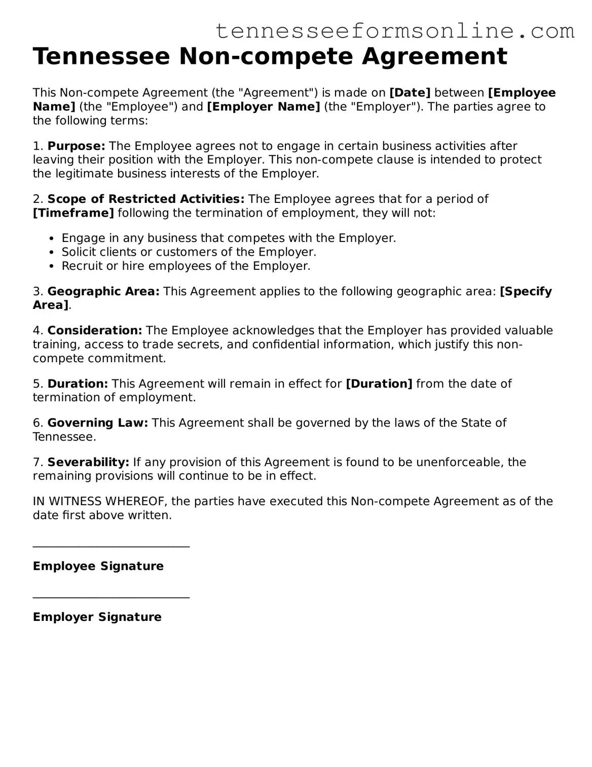  Non-compete Agreement Template for Tennessee