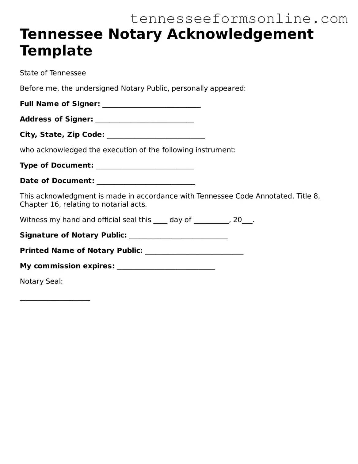  Notary Acknowledgement Template for Tennessee