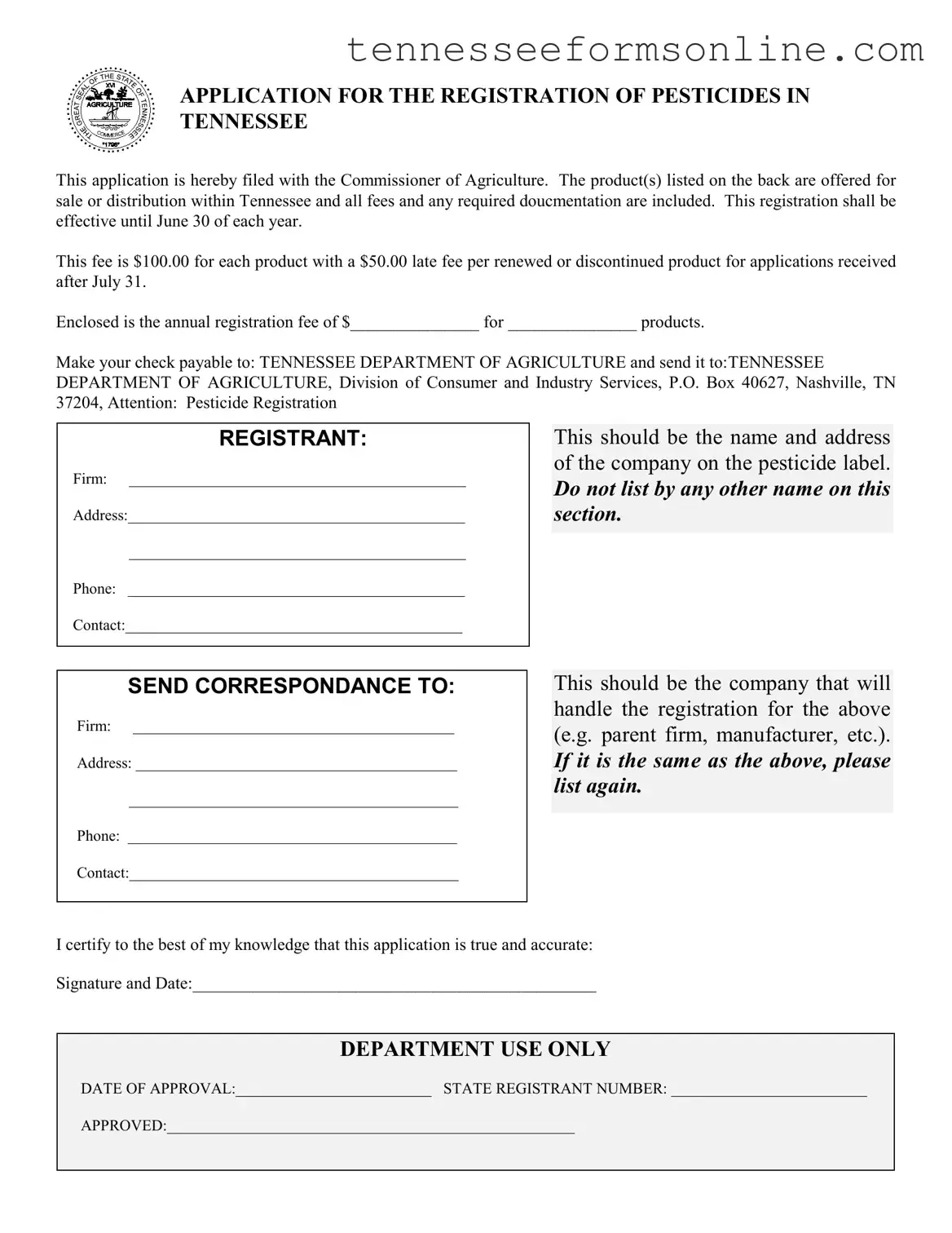 Blank Tennessee Pesticides PDF Form