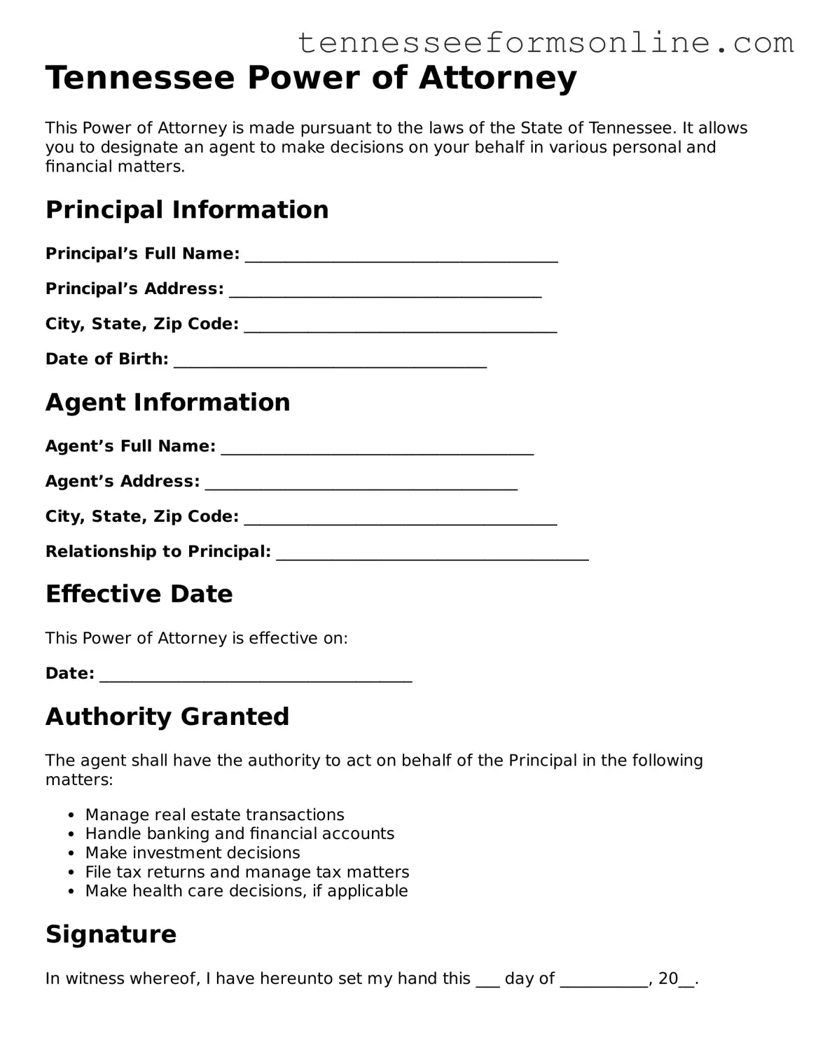  Power of Attorney Template for Tennessee