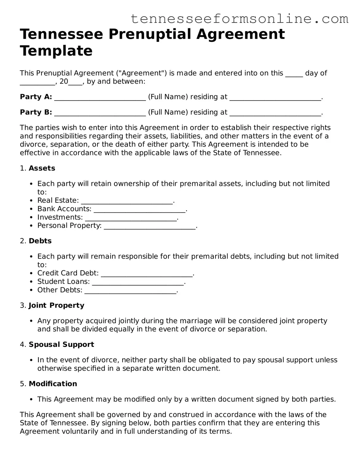  Prenuptial Agreement Template for Tennessee