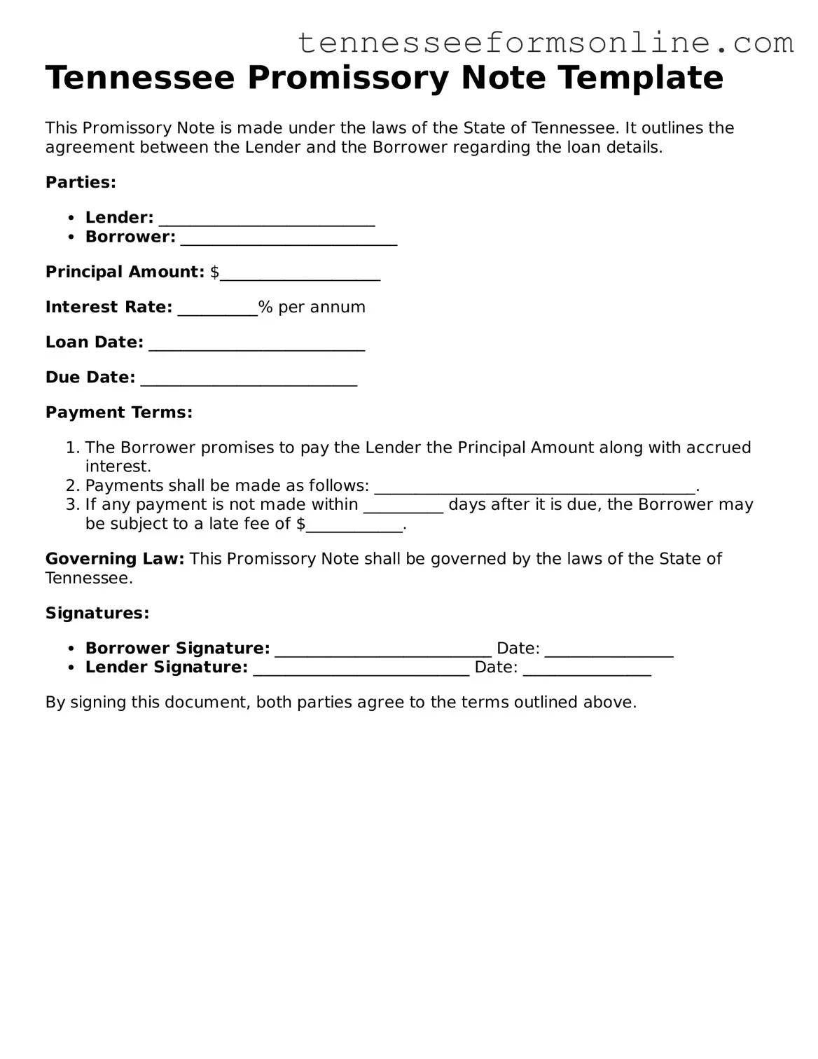  Promissory Note Template for Tennessee