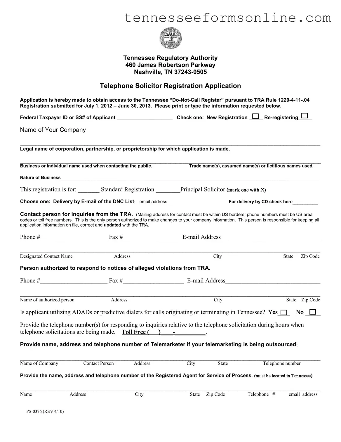 Blank Tennessee Ps 0376 PDF Form
