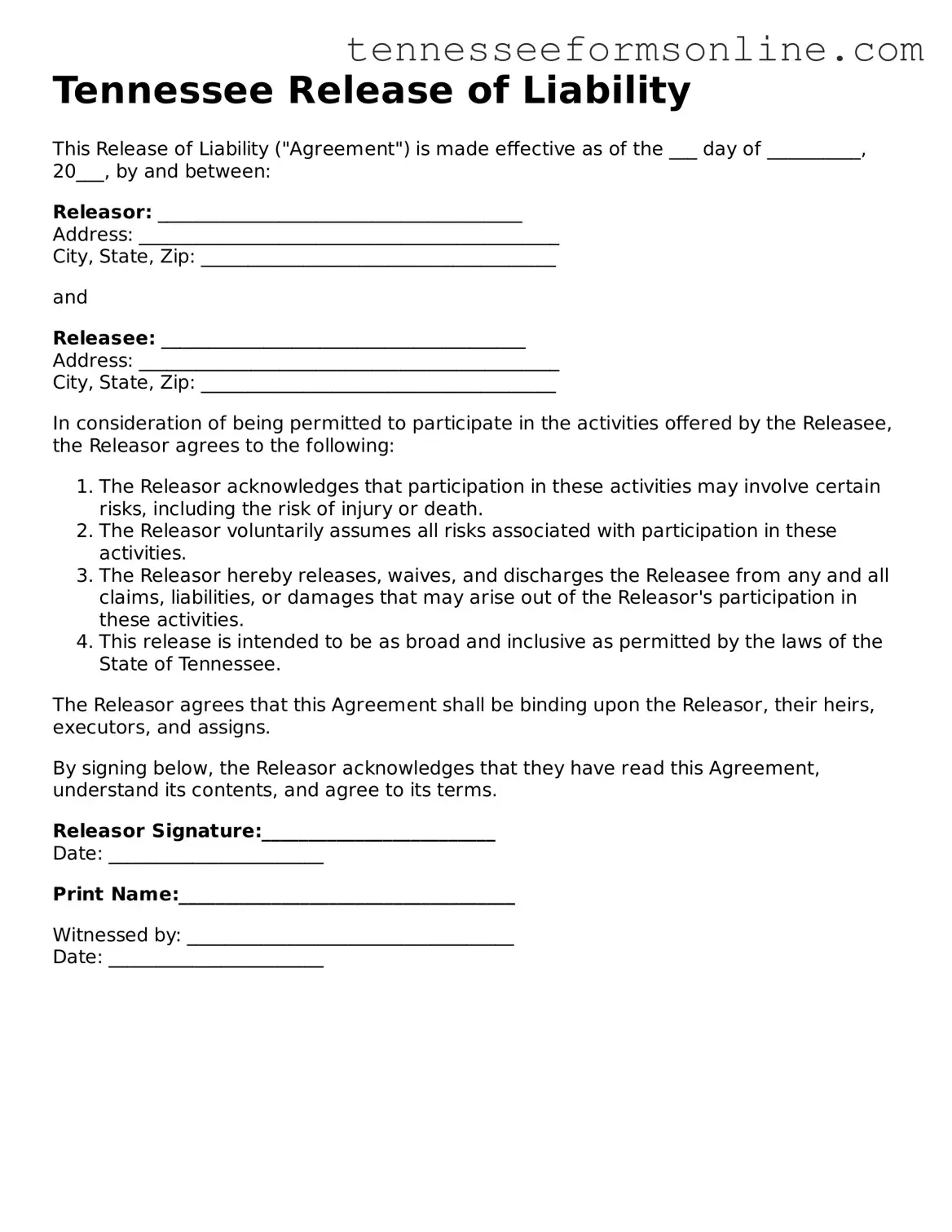  Release of Liability Template for Tennessee