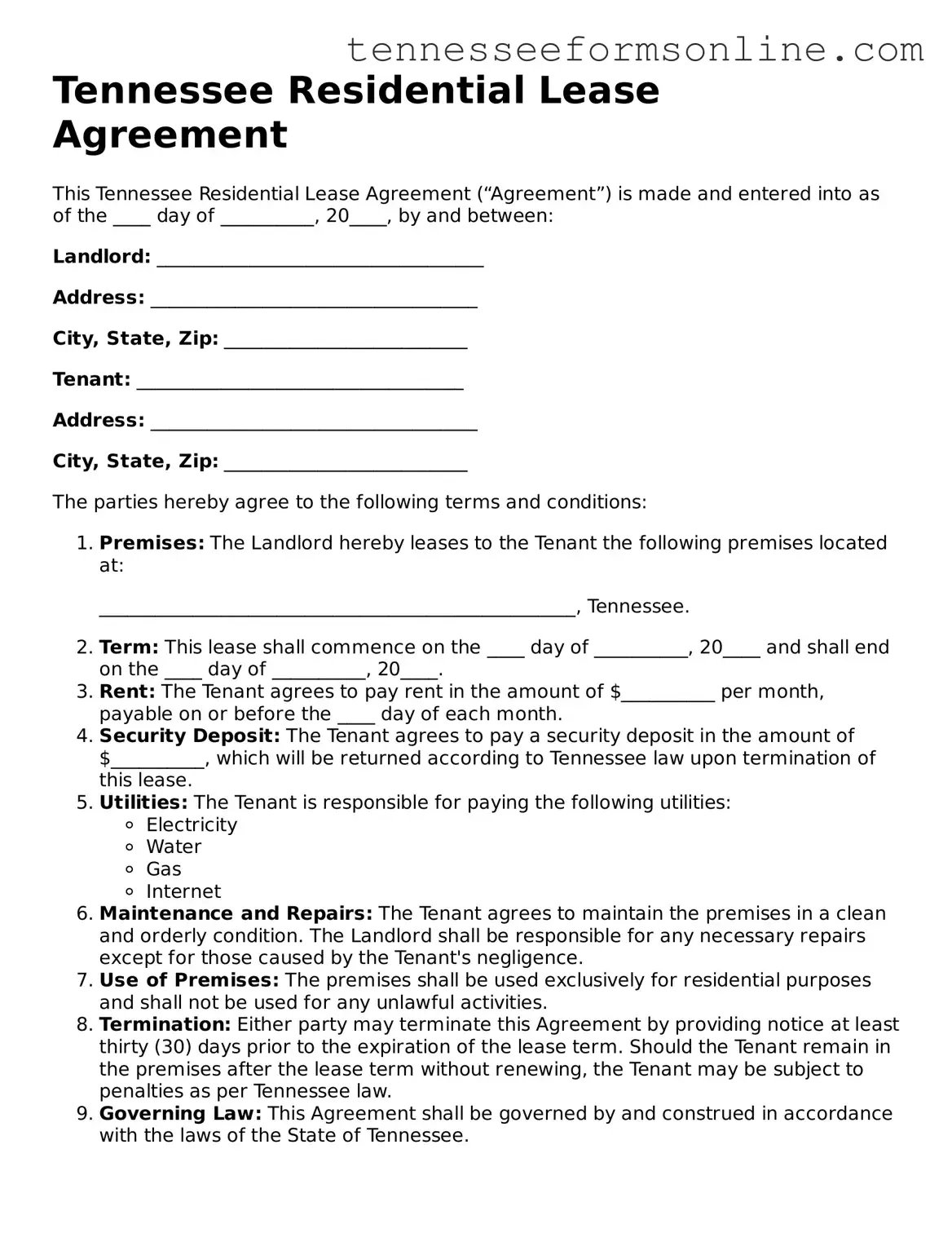 Lease Agreement Template for Tennessee