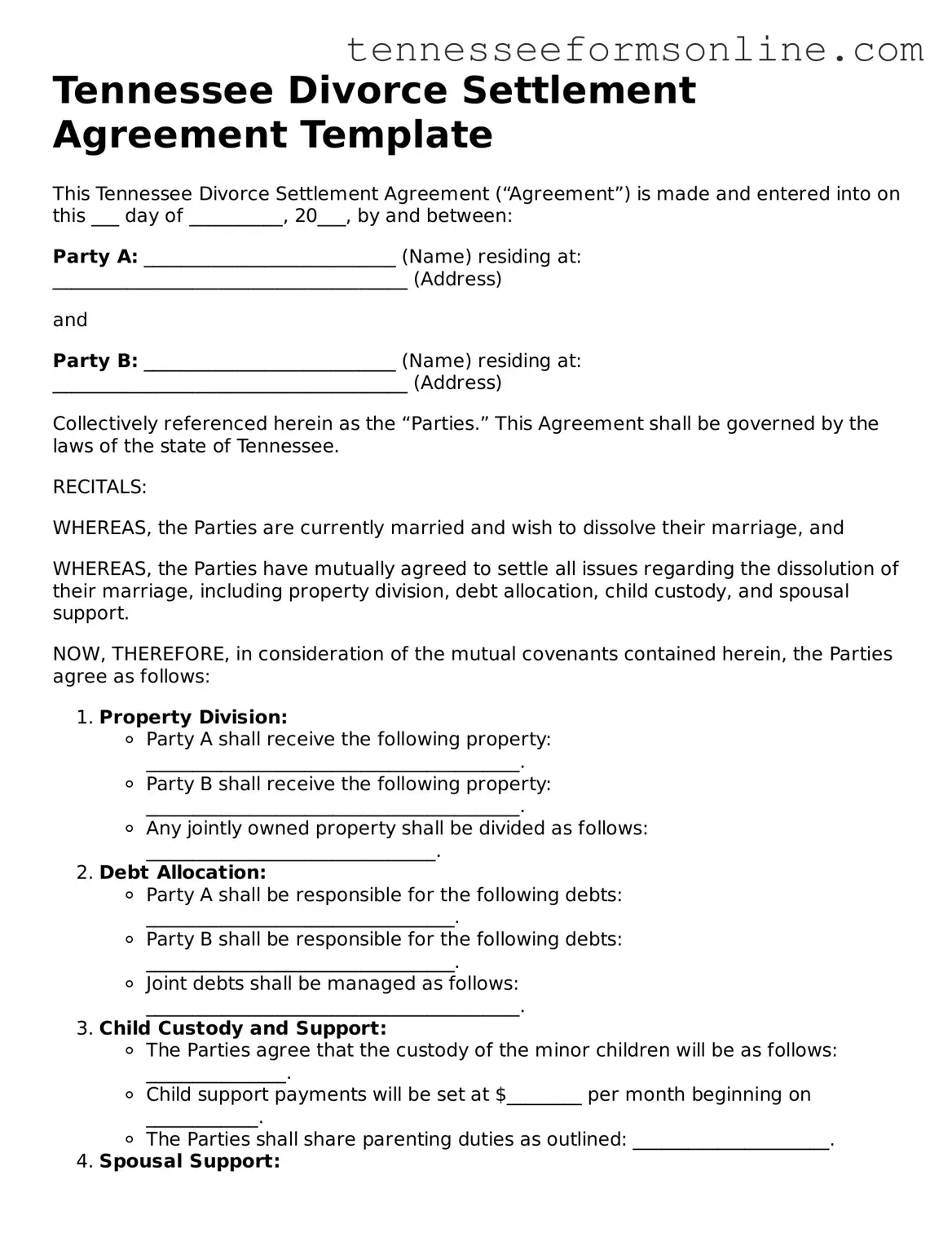  Divorce Settlement Agreement Template for Tennessee