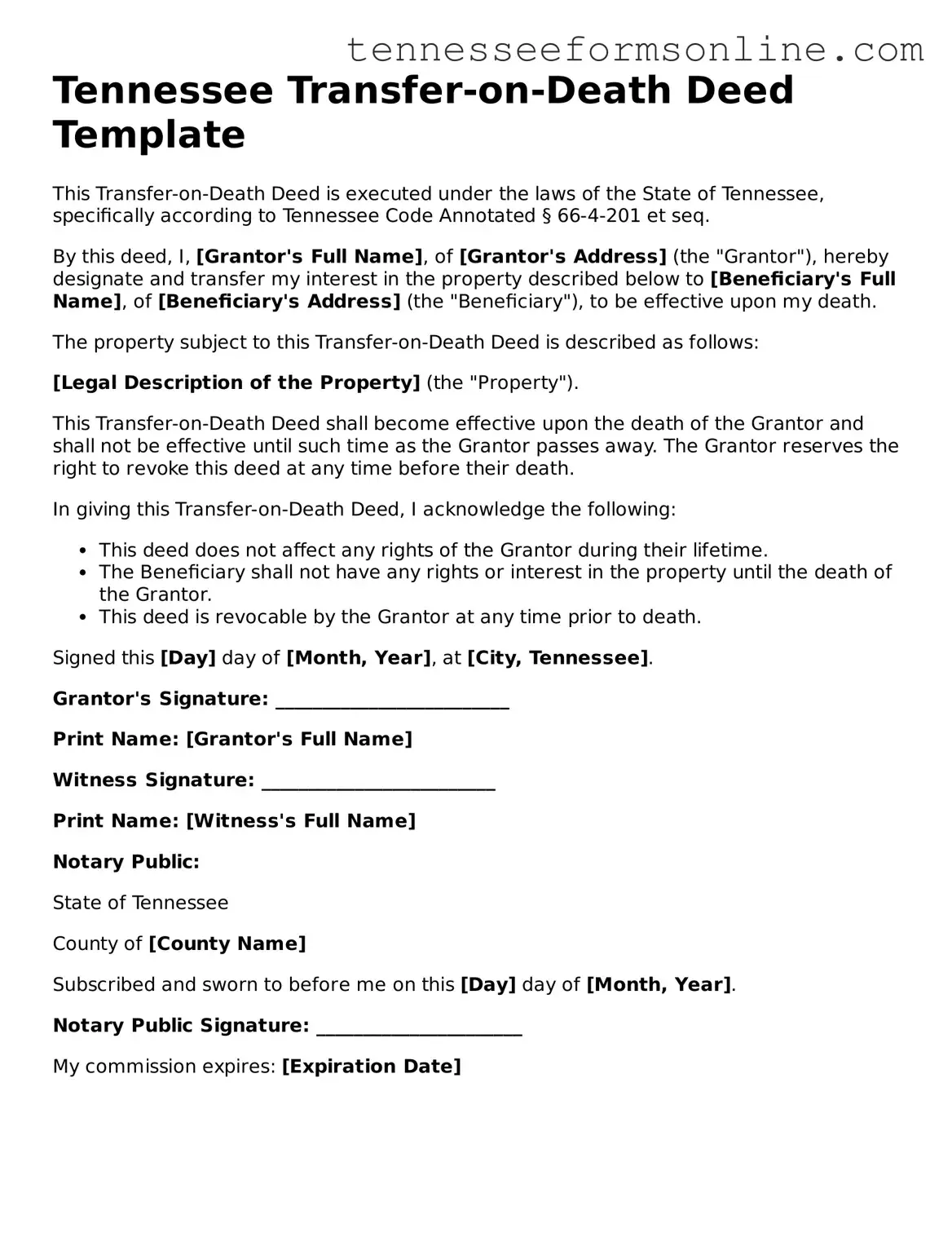  Transfer-on-Death Deed Template for Tennessee