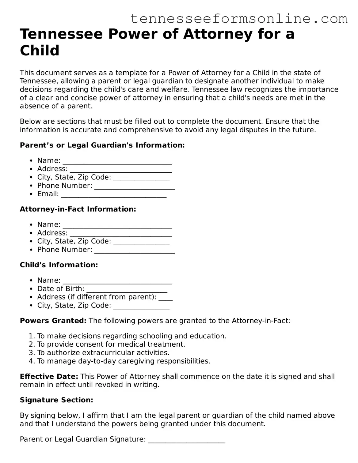  Power of Attorney for a Child Template for Tennessee